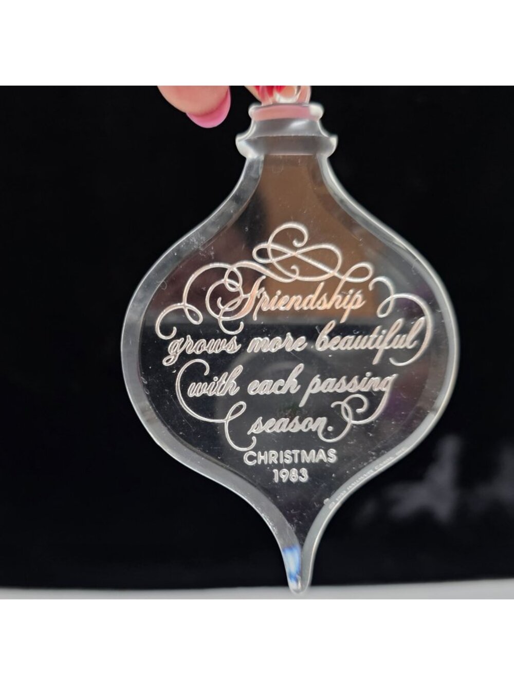 Hallmark 1983 Acrylic Friendship Christmas Ornament Teardrop Shape Red Ribbon